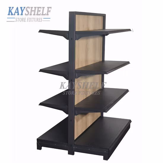 Double Sided Wooden Panel Retail Display Shelves Supermarket Gondola Rack