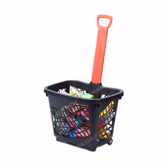 Supermarket 43 Litres Two-Wheel Trolley Shopping Basket with Colored Nylon Handle Shop Fitting