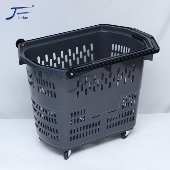 Customized Design Four Wheels Rolling Plastic Supermarket Shopping Basket