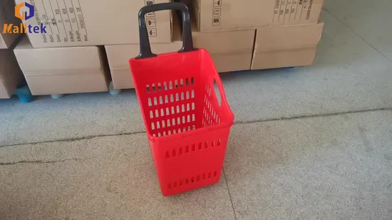 Supermarket Plastic Rolling Shopping Basket with Wheels
